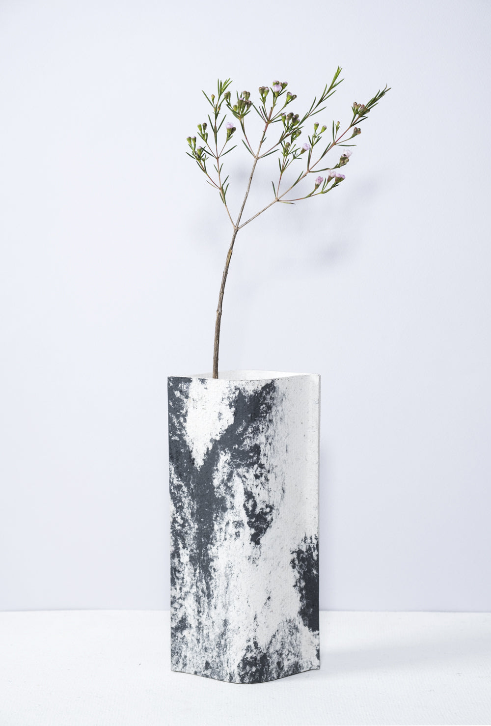 Un vase de profil rectangulaire sur fond blanc. Une branche y est soigneusement disposée. Deux feuilles de carton-pierre sont collées à leurs extrémités et ouvertes en leur centre pour y laisser passer un contenant étanche. Le vase arbore un effet marbré avec des veines couleur noir sur fond blanc. Chaque vase a un marbré unique.