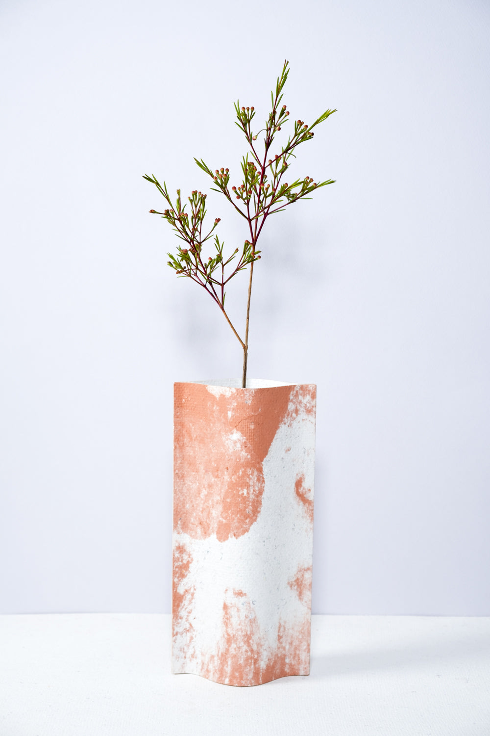 Un vase de profil rectangulaire sur fond blanc. Une branche y est soigneusement disposée. Deux feuilles de carton-pierre sont collées à leurs extrémités et ouvertes en leur centre pour y laisser passer un contenant étanche. Le vase arbore un effet marbré avec des veines couleur terra cotta sur fond blanc. Chaque vase a un marbré unique.