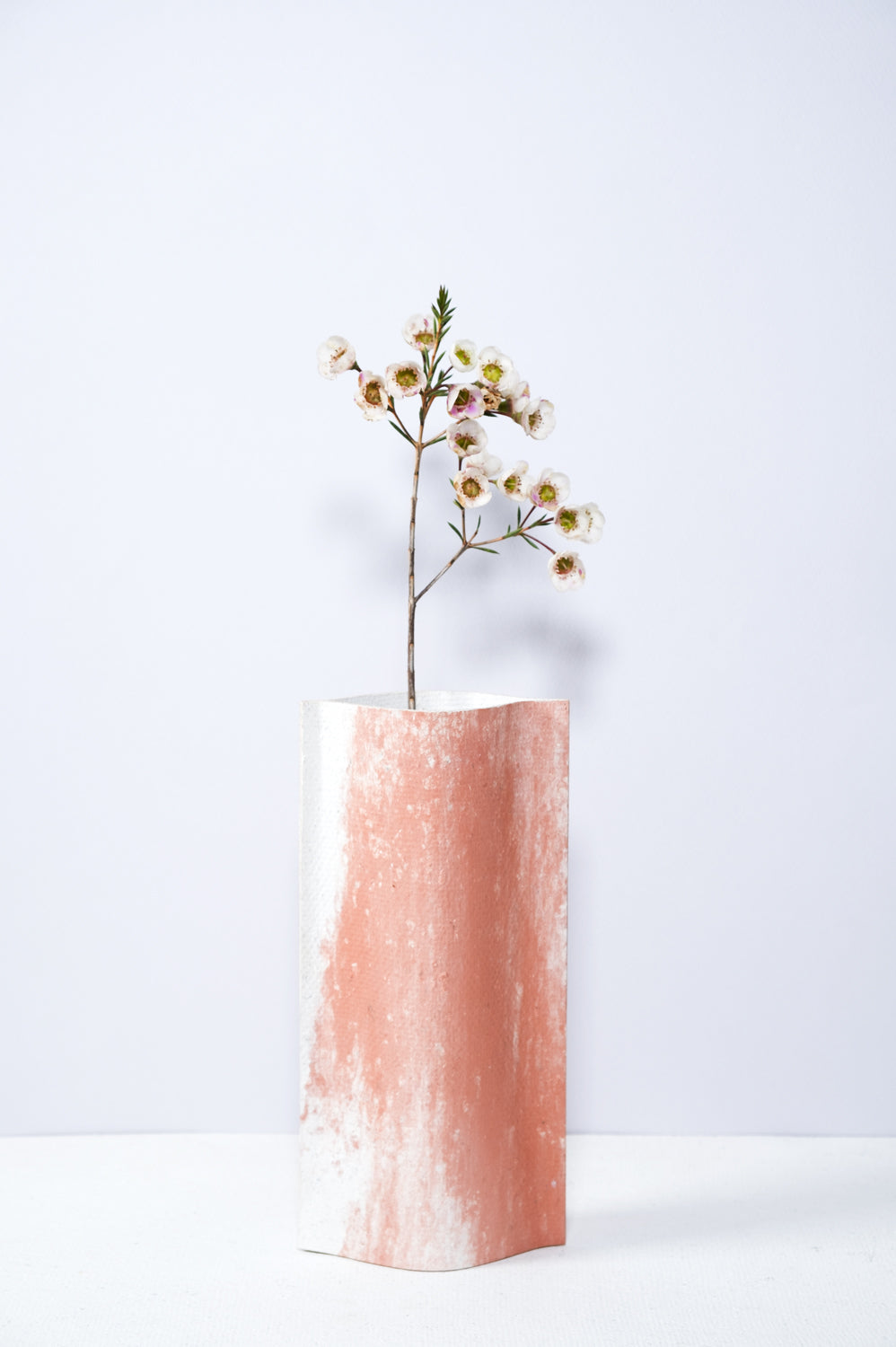 Un vase de profil rectangulaire sur fond blanc. Une branche y est soigneusement disposée. Deux feuilles de carton-pierre sont collées à leurs extrémités et ouvertes en leur centre pour y laisser passer un contenant étanche. Le vase arbore un effet marbré avec des veines couleur terra cotta sur fond blanc. Chaque vase a un marbré unique.