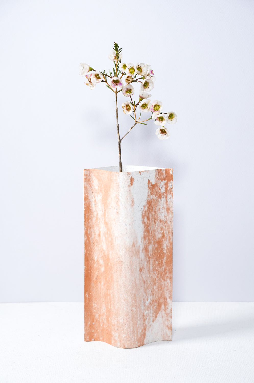 Un vase de profil rectangulaire sur fond blanc. Une branche y est soigneusement disposée. Deux feuilles de carton-pierre sont collées à leurs extrémités et ouvertes en leur centre pour y laisser passer un contenant étanche. Le vase arbore un effet marbré avec des veines couleur terra cotta sur fond blanc. Chaque vase a un marbré unique.