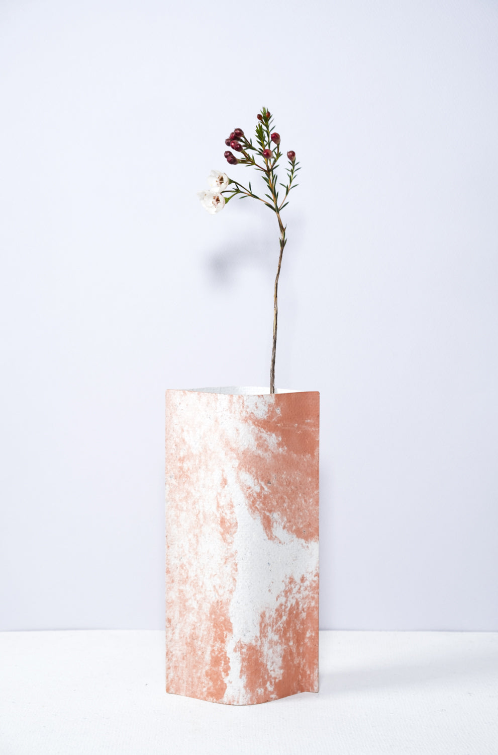 Un vase de profil rectangulaire sur fond blanc. Une branche y est soigneusement disposée. Deux feuilles de carton-pierre sont collées à leurs extrémités et ouvertes en leur centre pour y laisser passer un contenant étanche. Le vase arbore un effet marbré avec des veines couleur terra cotta sur fond blanc. Chaque vase a un marbré unique.